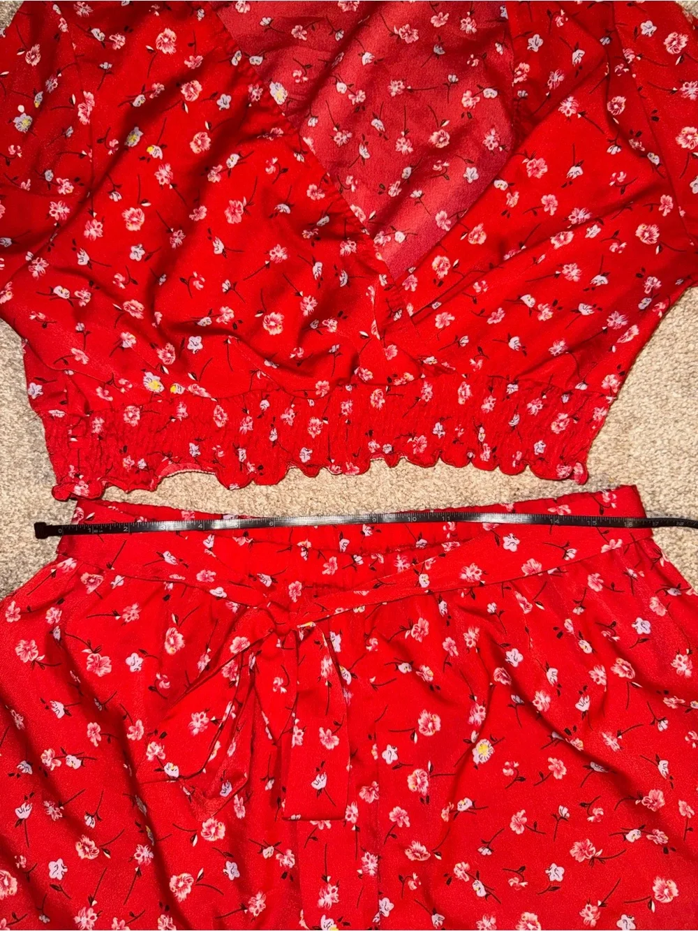 SHEIN Red Floral Crop Top & Shorts Set